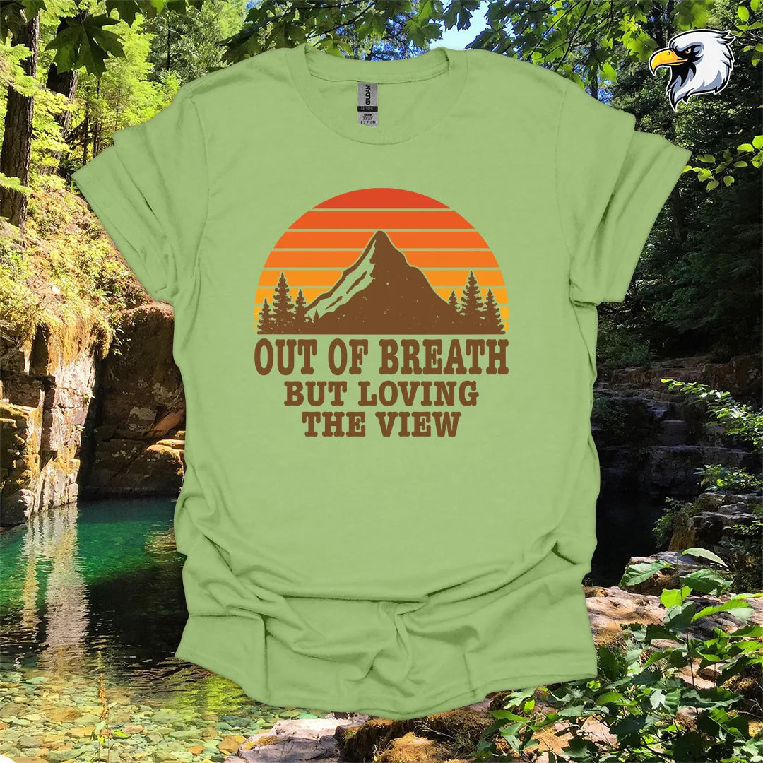 “Out of Breath But Loving the View” Hiking T-Shirt – Mountain Sunset Graphic