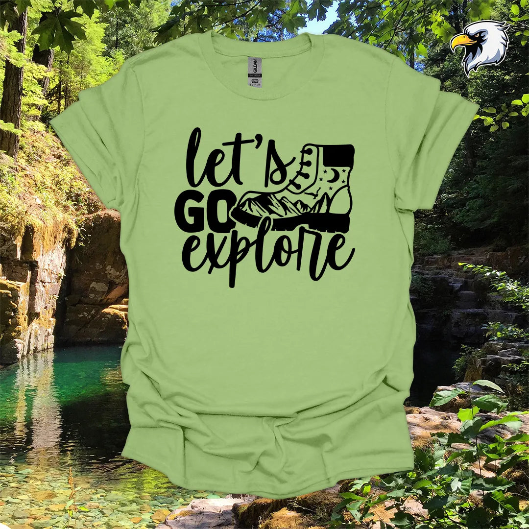 “Let’s Go Explore” hiking t-shirt – Boot and Mountain Graphic