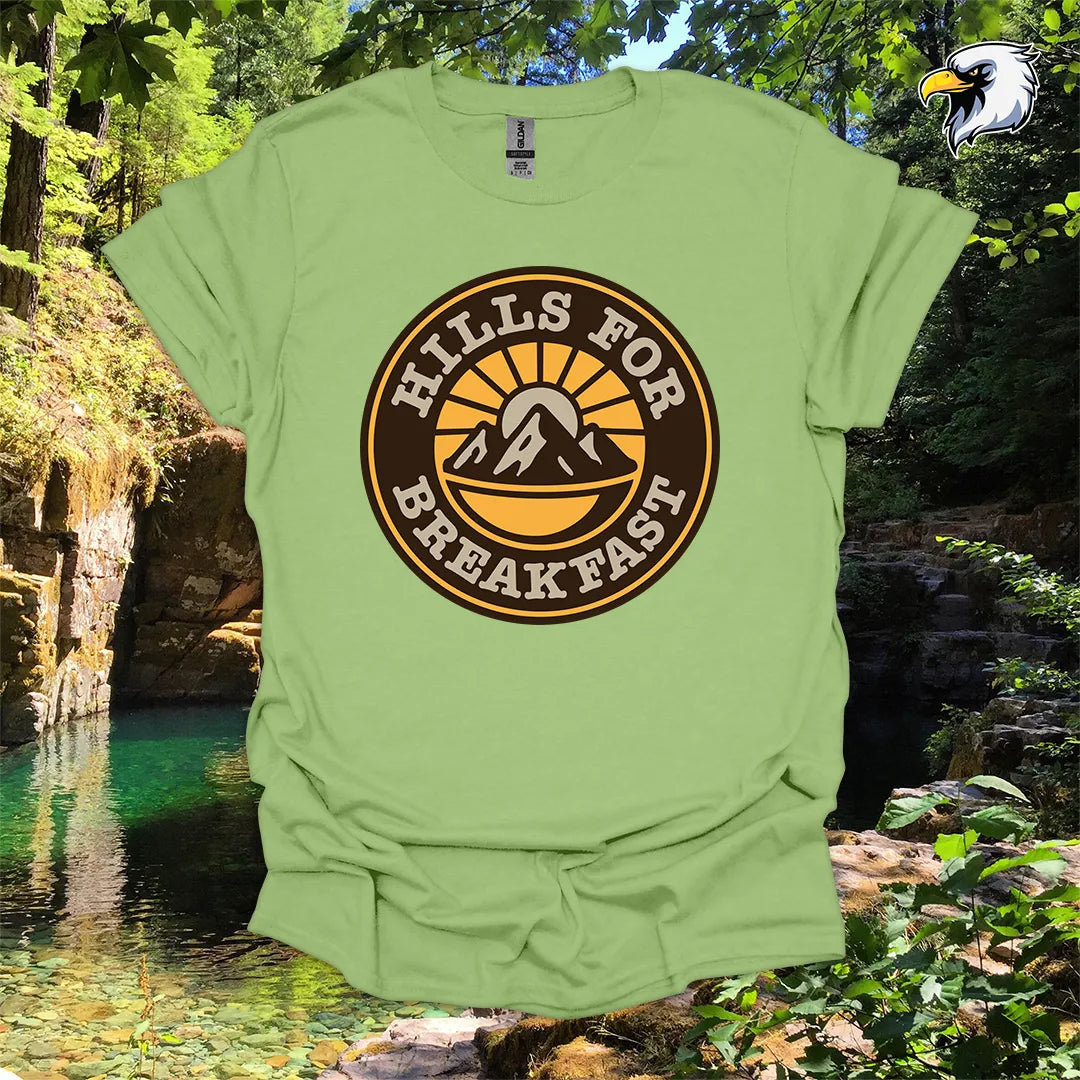 “Hills for Breakfast” hiking t-shirt – Retro Mountain Graphic