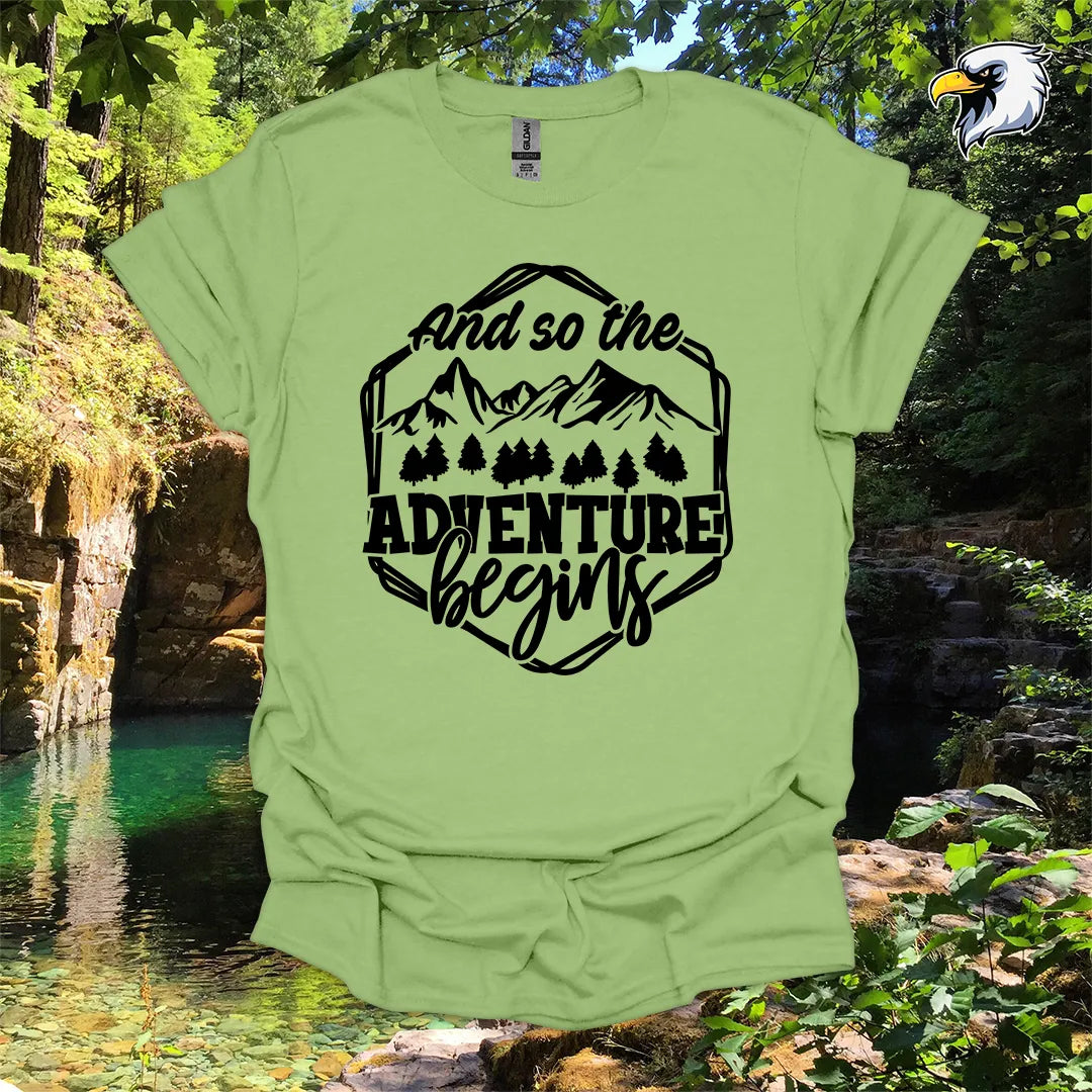 “And so the Adventure Begins” hiking t-shirt – Mountain Graphic