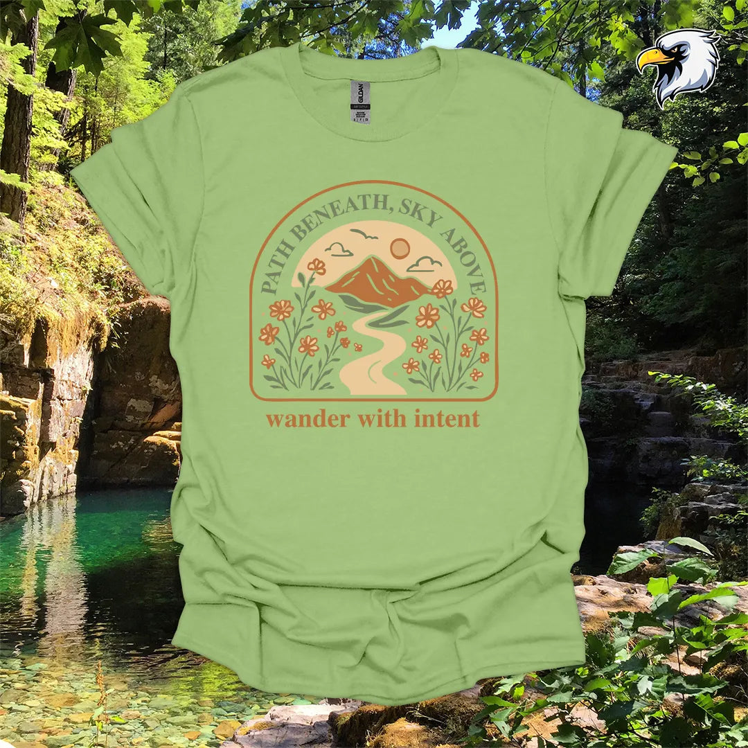 “Path Beneath, Sky Above” hiking t-shirt – Mountain & Wildflower Graphic