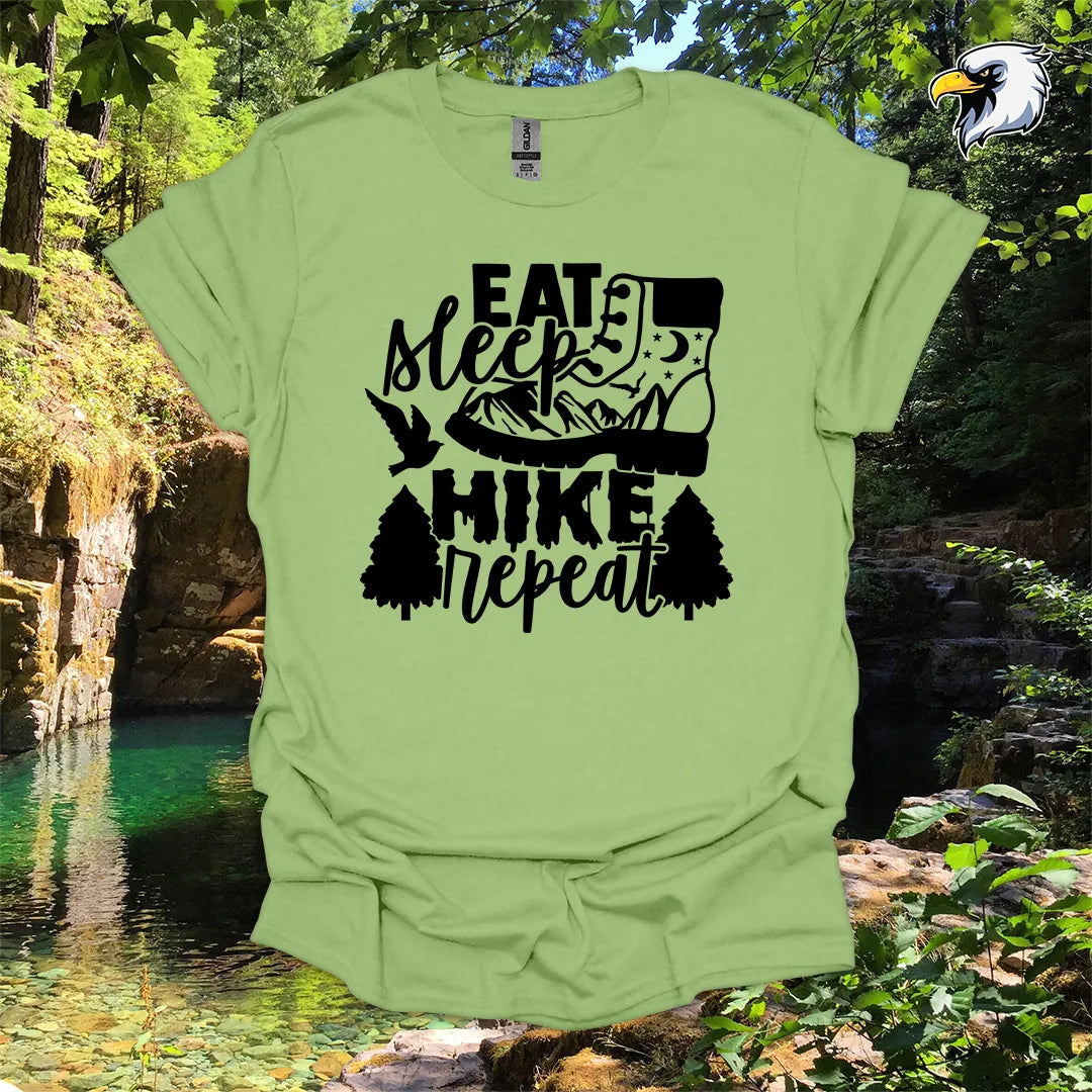 “Eat Sleep Hike Repeat” hiking t-shirt – Boot and Mountain Graphic