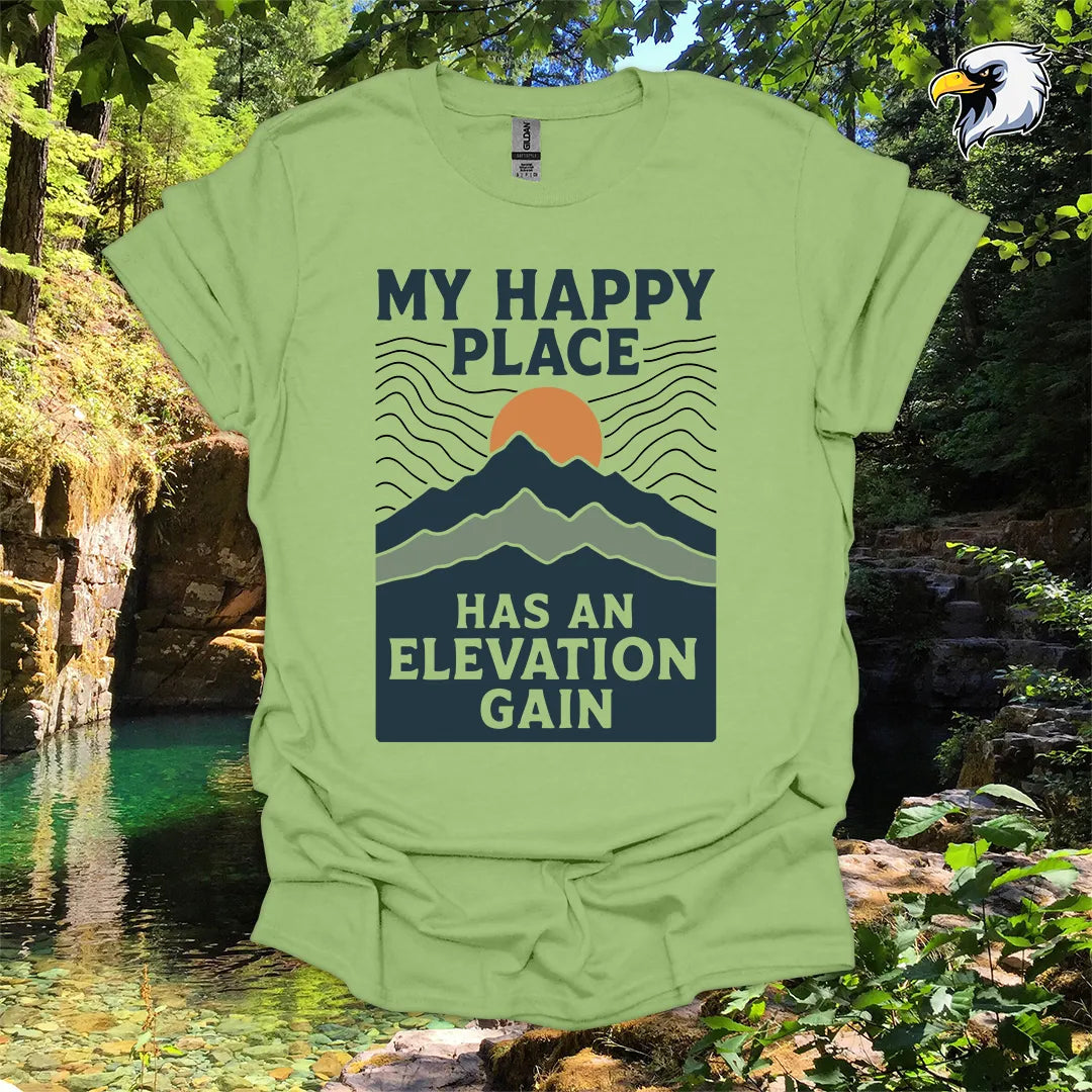 “My Happy Place Has an Elevation Gain” Hiking T-Shirt – Mountain Graphic