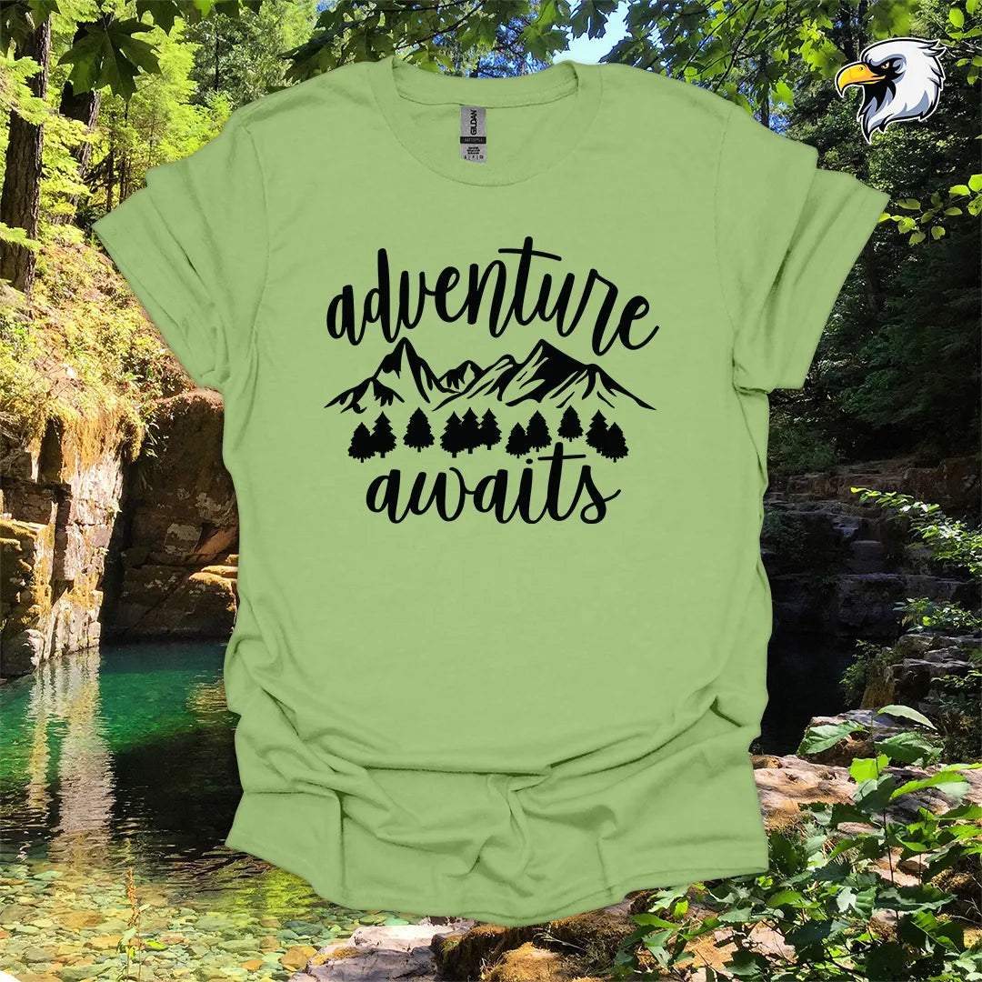 “Adventure Awaits” hiking t-shirt – Mountain & Forest Graphic