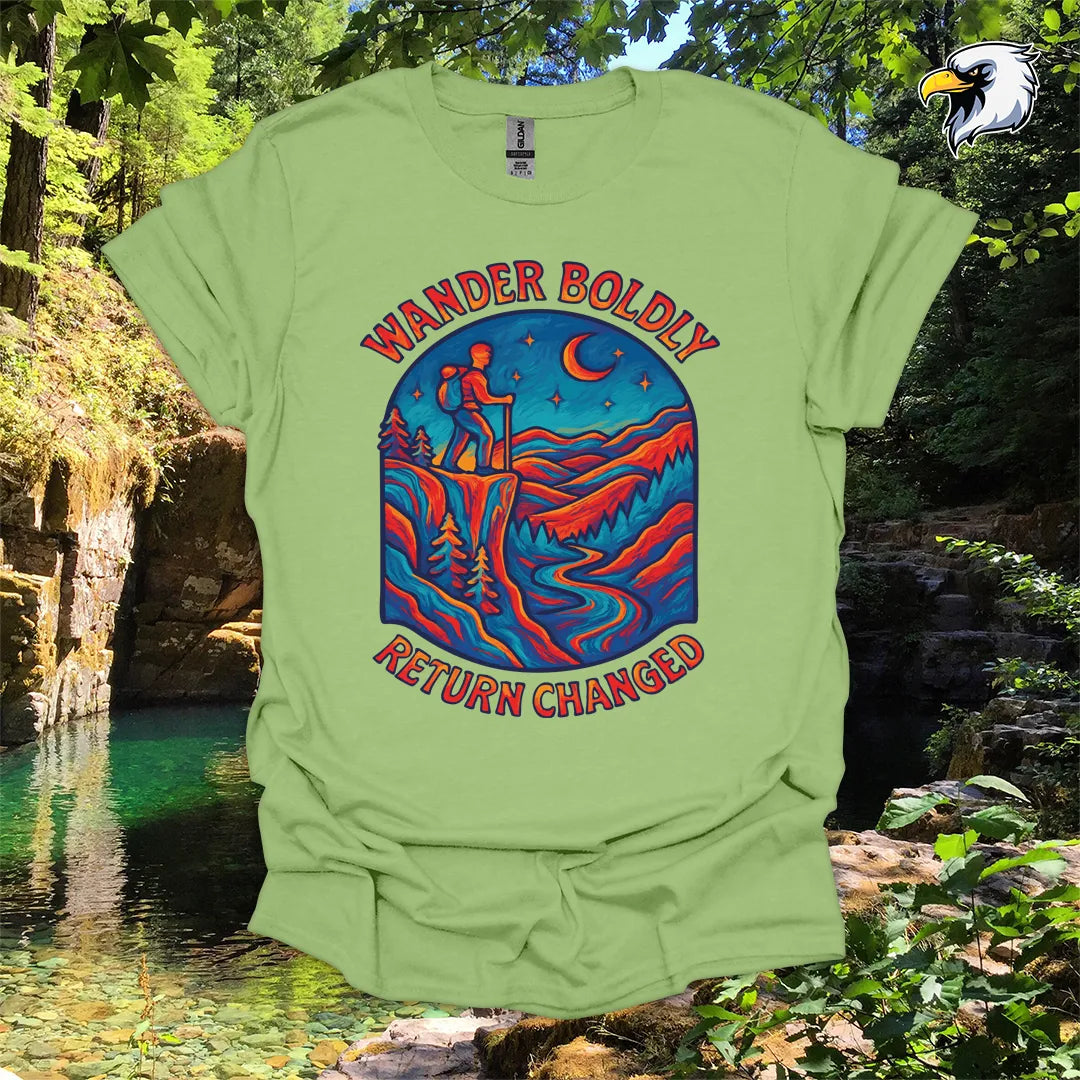“Wander Boldly Return Changed” hiking t-shirt – Vibrant Mountain Graphic