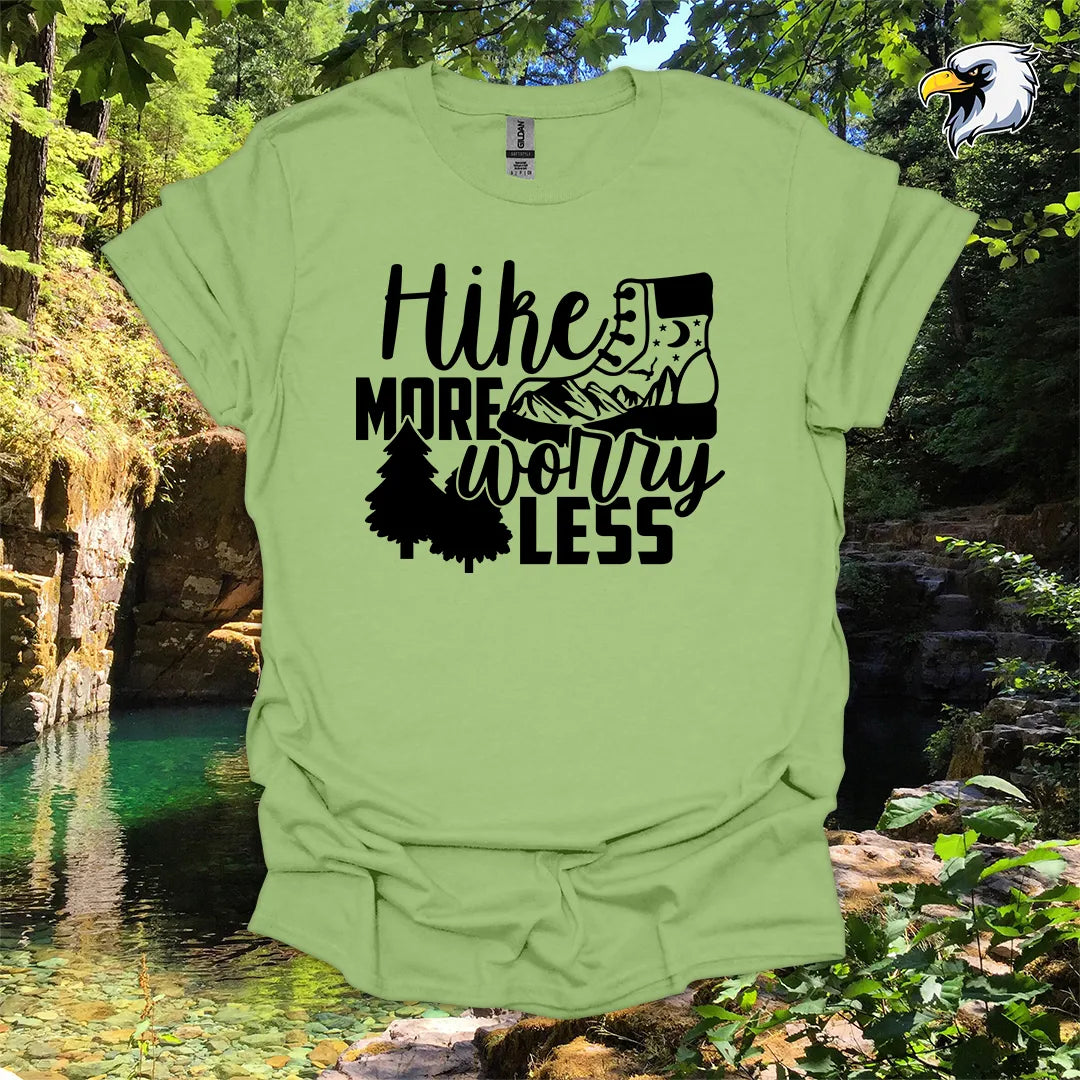 “Hike More Worry Less” hiking t-shirt – Mountain Boot Graphic