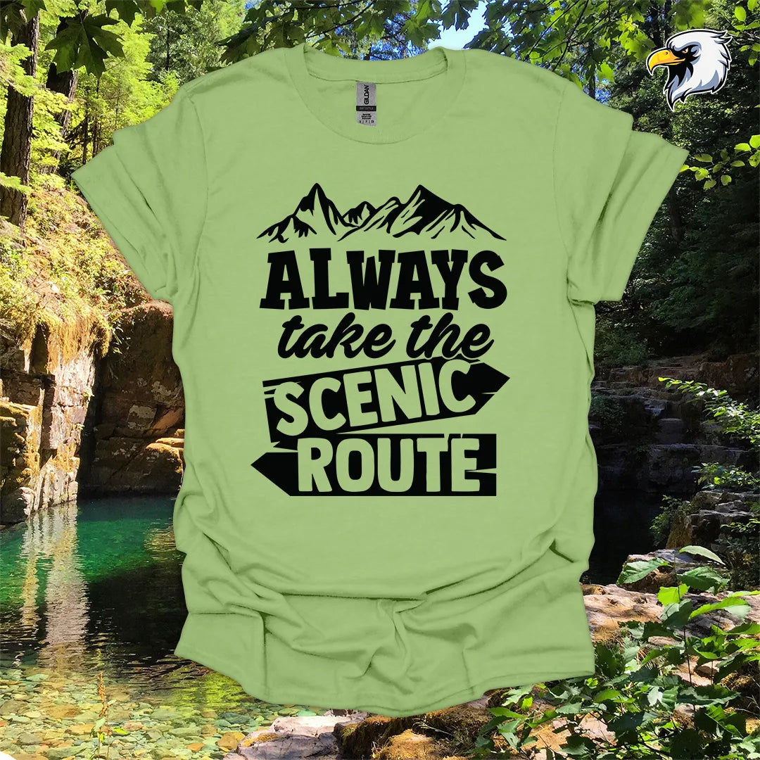 “Always Take the Scenic Route” hiking t-shirt – Mountain Graphic