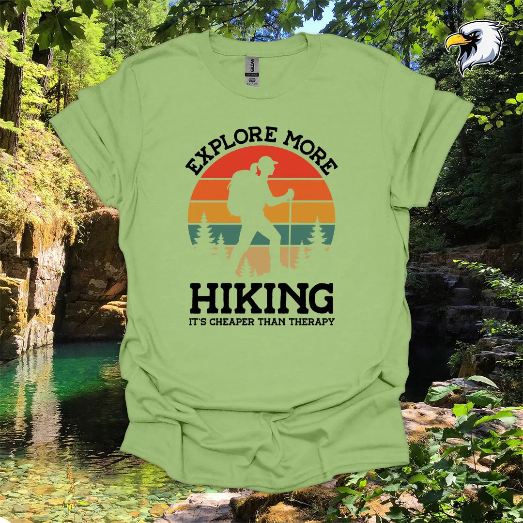 “Explore More Hiking, It’s Cheaper Than Therapy” women's hiking t-shirt – Retro Sunset Graphic