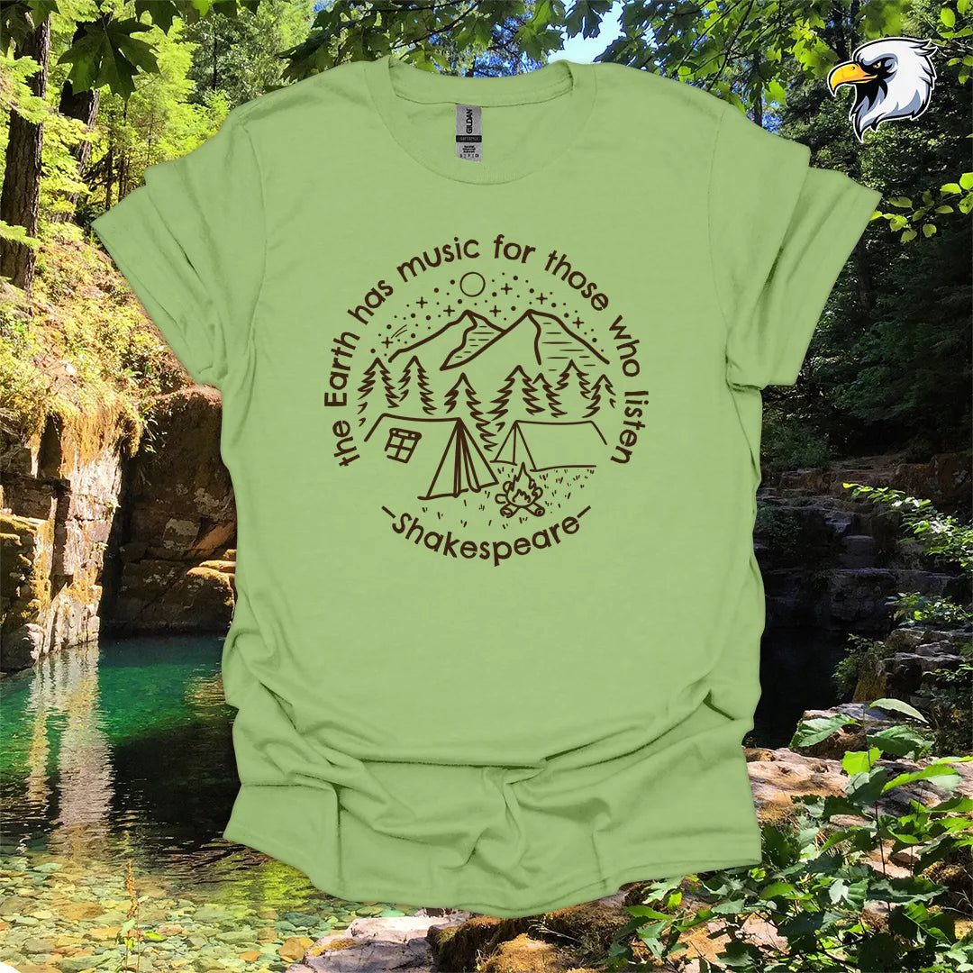 “The Earth has music for those who listen” hiking t-shirt – Campfire Mountain Graphic
