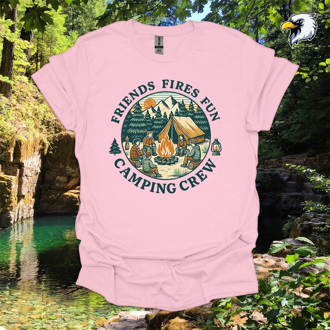 “Friends Fires Fun Camping Crew” hiking t-shirt – Vintage Campfire Graphic