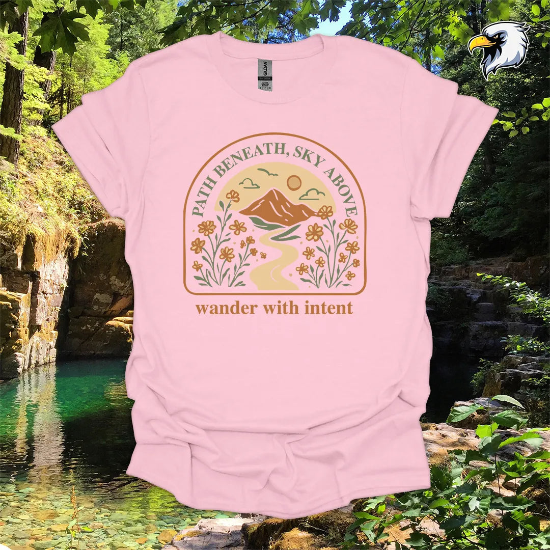 “Path Beneath, Sky Above” hiking t-shirt – Mountain & Wildflower Graphic