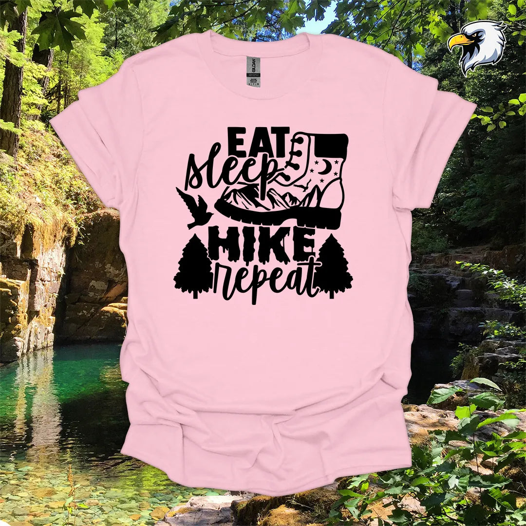 “Eat Sleep Hike Repeat” hiking t-shirt – Boot and Mountain Graphic
