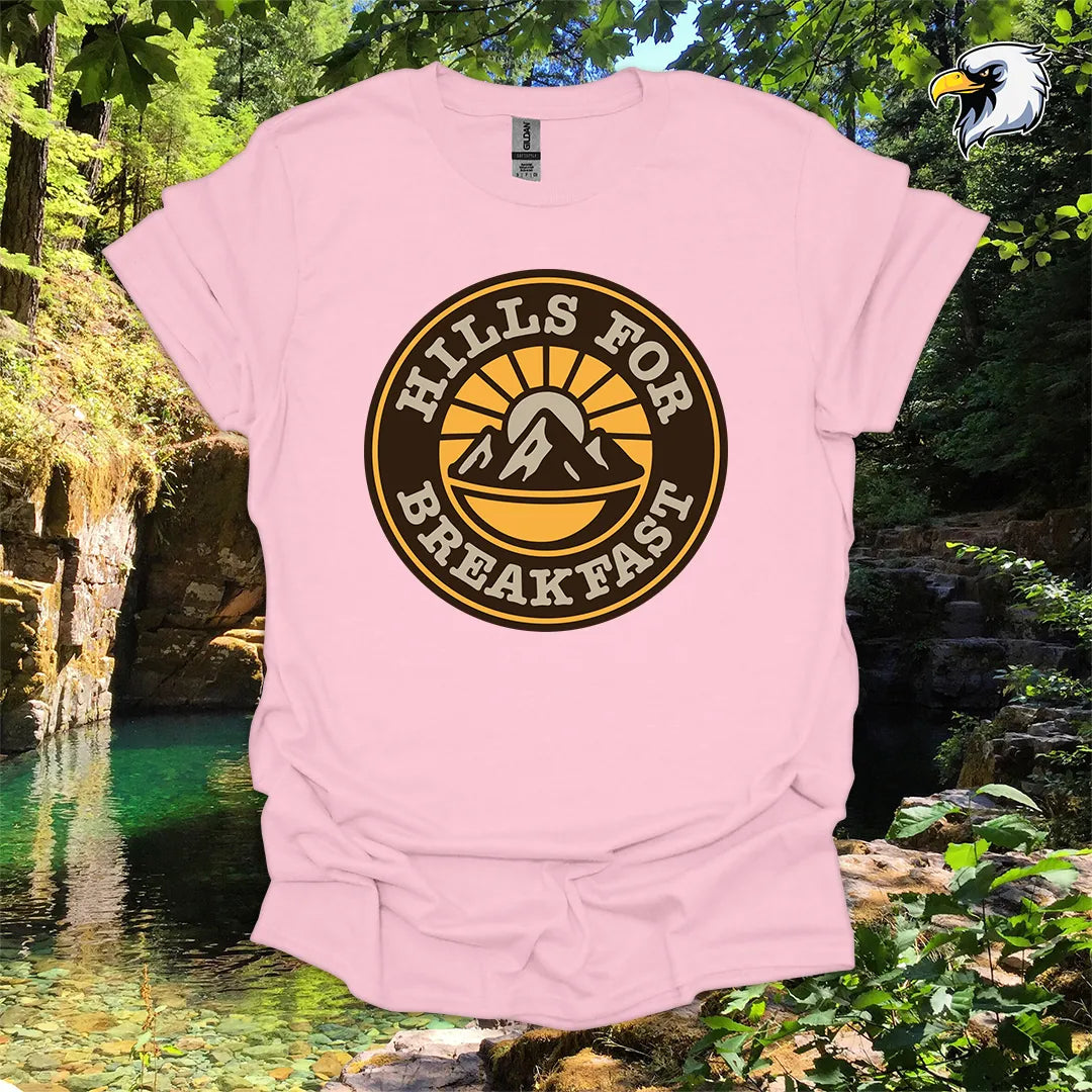 “Hills for Breakfast” hiking t-shirt – Retro Mountain Graphic