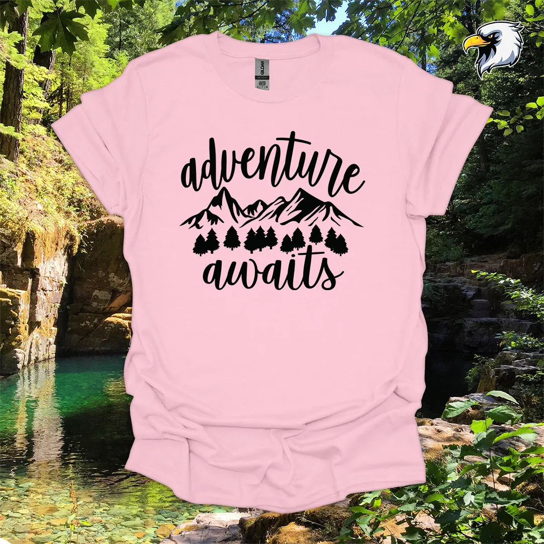 “Adventure Awaits” hiking t-shirt – Mountain & Forest Graphic