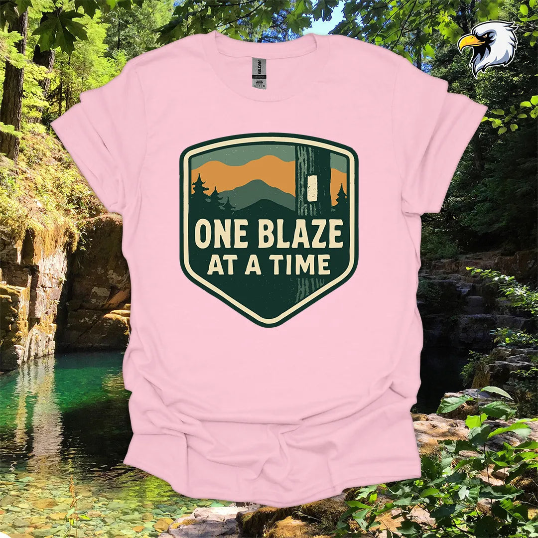 “One Blaze at a Time” Hiking T-Shirt – Mountain Badge Graphic