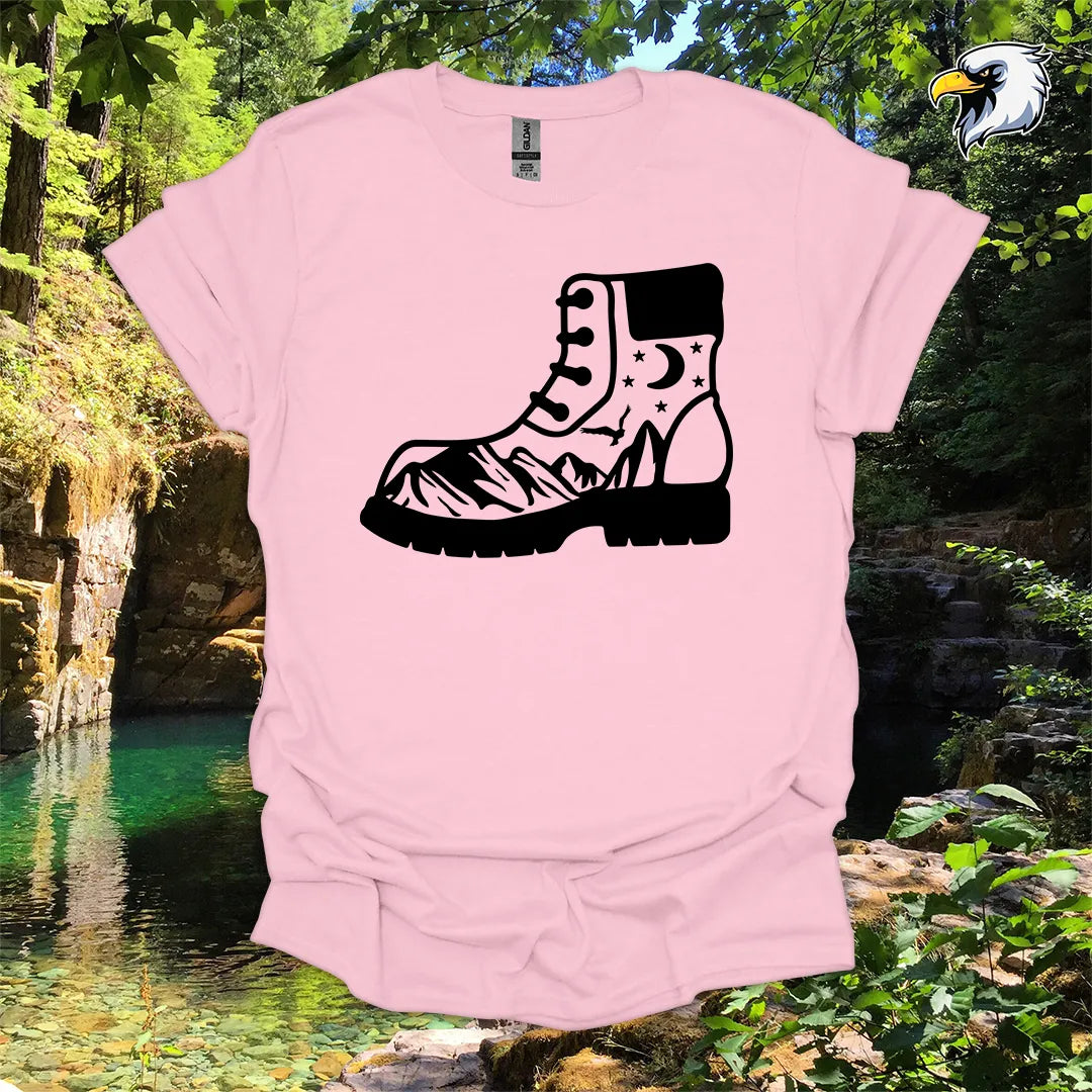 “Hiking Boots, Mountain Views” hiking t-shirt – Night Sky Graphic