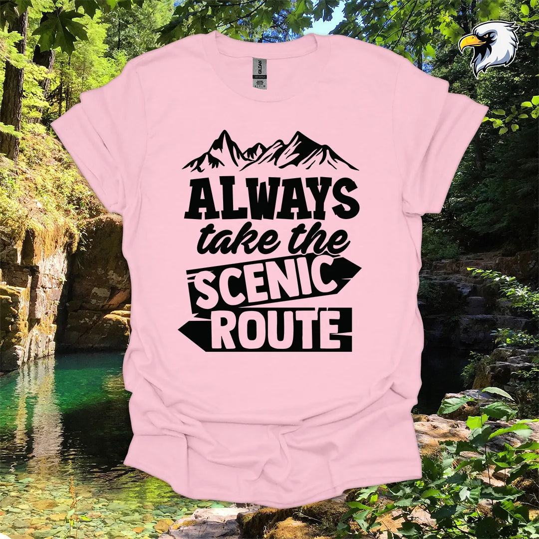 “Always Take the Scenic Route” hiking t-shirt – Mountain Graphic