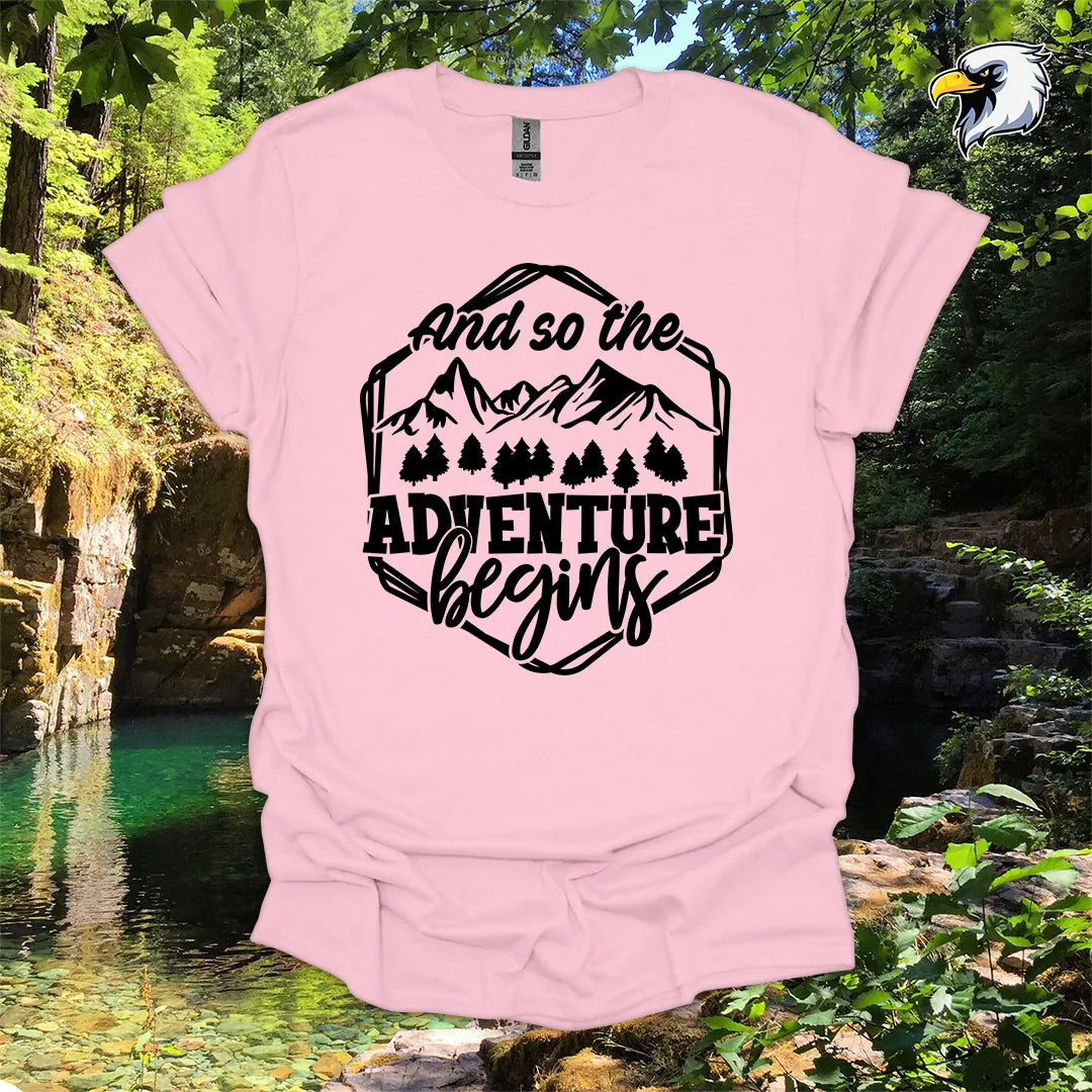 “And so the Adventure Begins” hiking t-shirt – Mountain Graphic