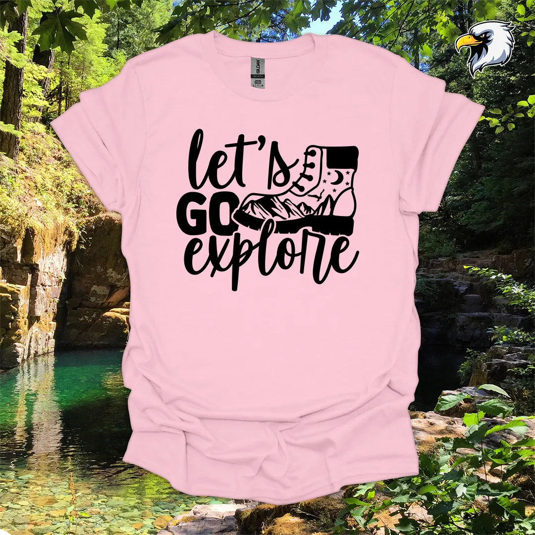 “Let’s Go Explore” hiking t-shirt – Boot and Mountain Graphic