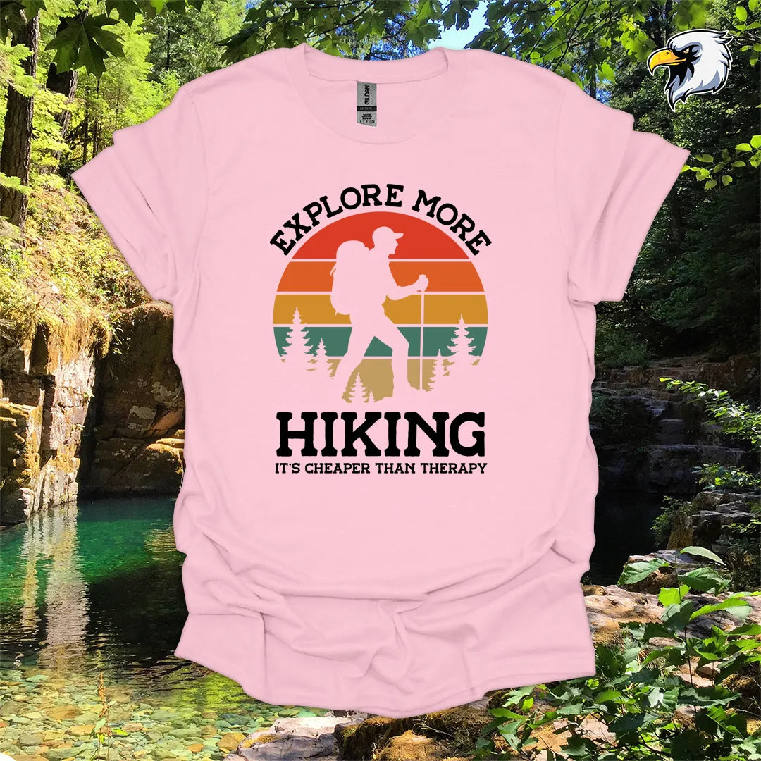 “Explore More Hiking, It’s Cheaper Than Therapy” men's hiking t-shirt – Retro Sunset Graphic