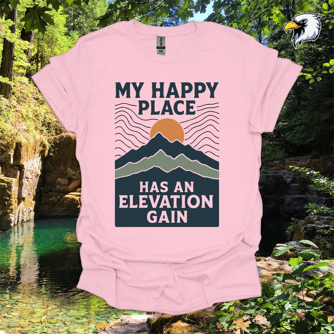 “My Happy Place Has an Elevation Gain” Hiking T-Shirt – Mountain Graphic