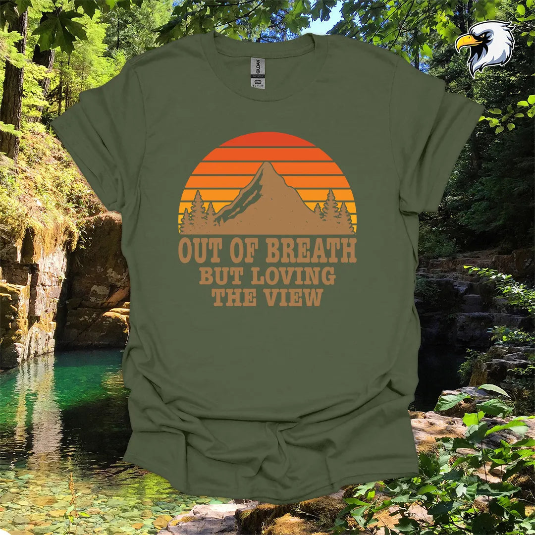 “Out of Breath But Loving the View” Hiking T-Shirt – Mountain Sunset Graphic