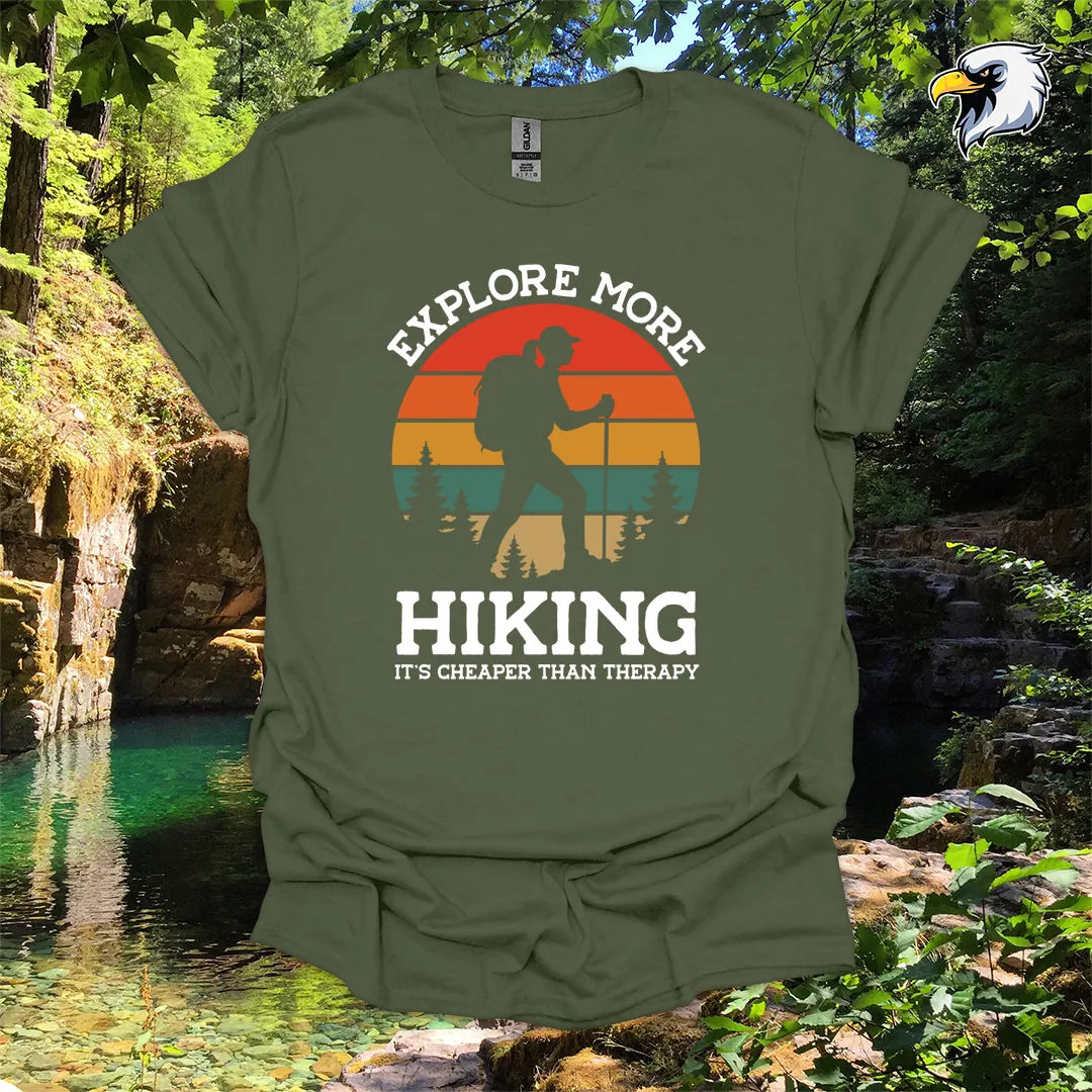 “Explore More Hiking, It’s Cheaper Than Therapy” women's hiking t-shirt – Retro Sunset Graphic