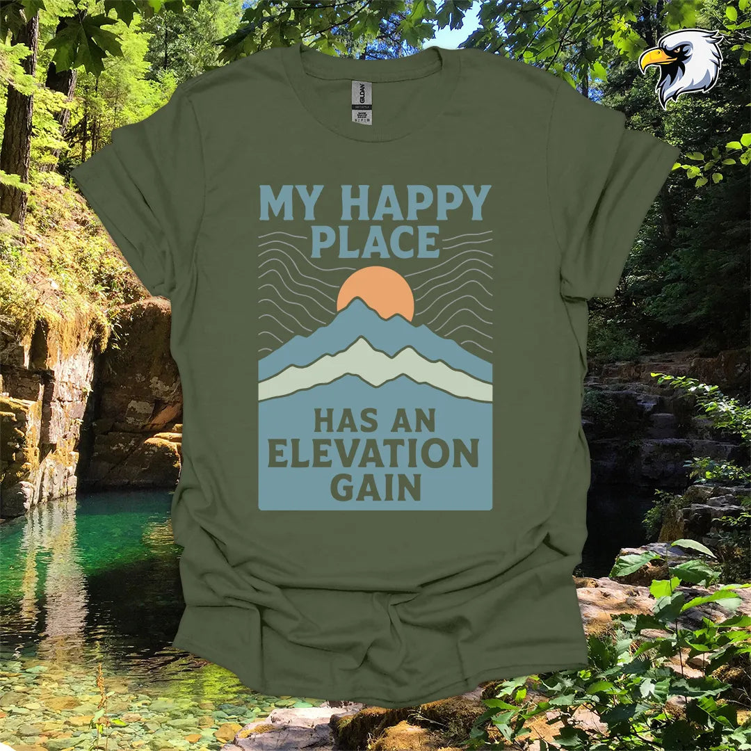“My Happy Place Has an Elevation Gain” Hiking T-Shirt – Mountain Graphic