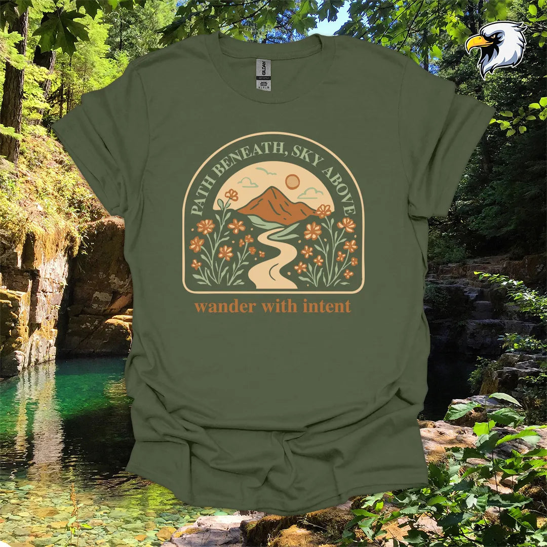 “Path Beneath, Sky Above” hiking t-shirt – Mountain & Wildflower Graphic