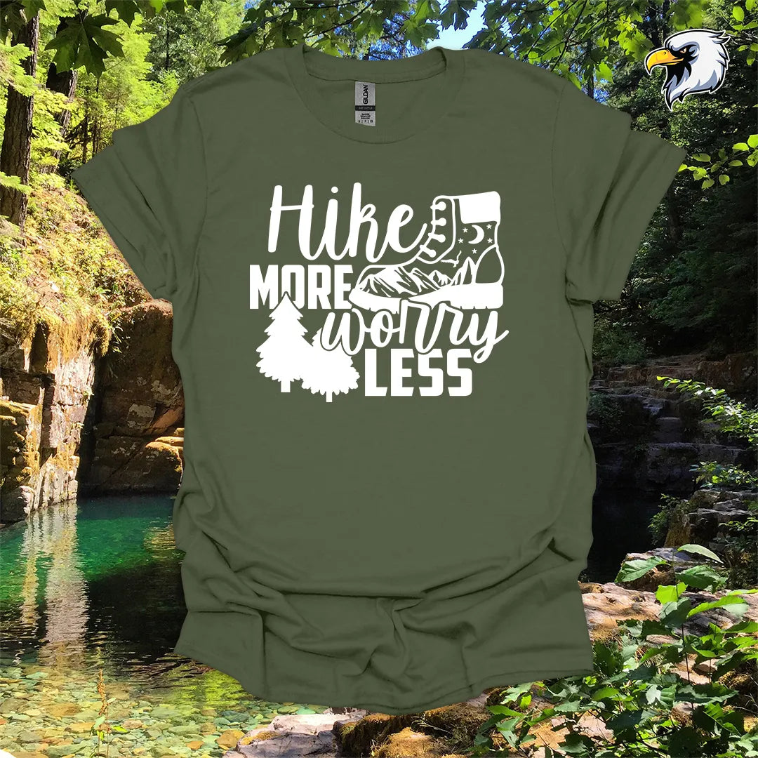 “Hike More Worry Less” hiking t-shirt – Mountain Boot Graphic
