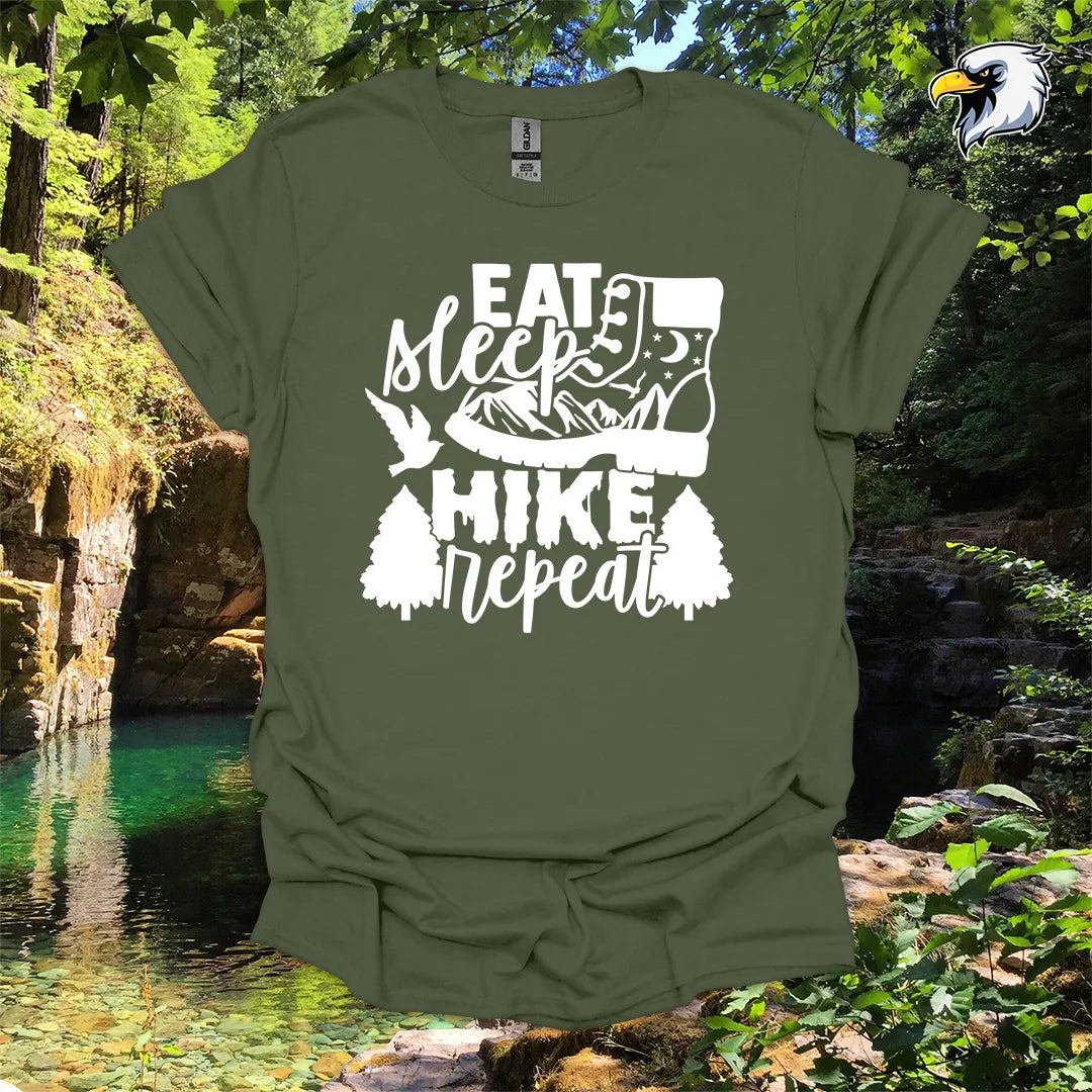 “Eat Sleep Hike Repeat” hiking t-shirt – Boot and Mountain Graphic