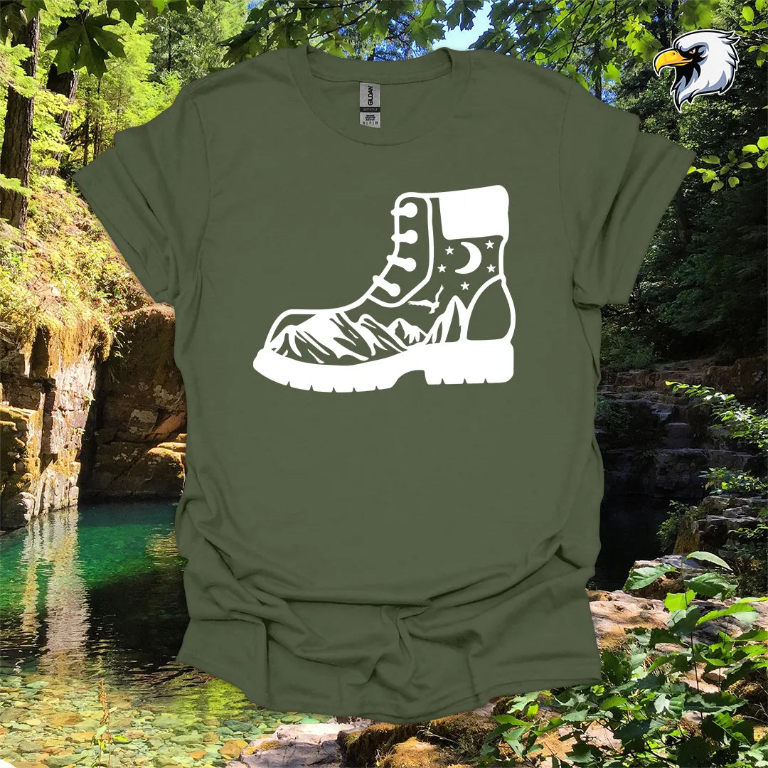 “Hiking Boots, Mountain Views” hiking t-shirt – Night Sky Graphic
