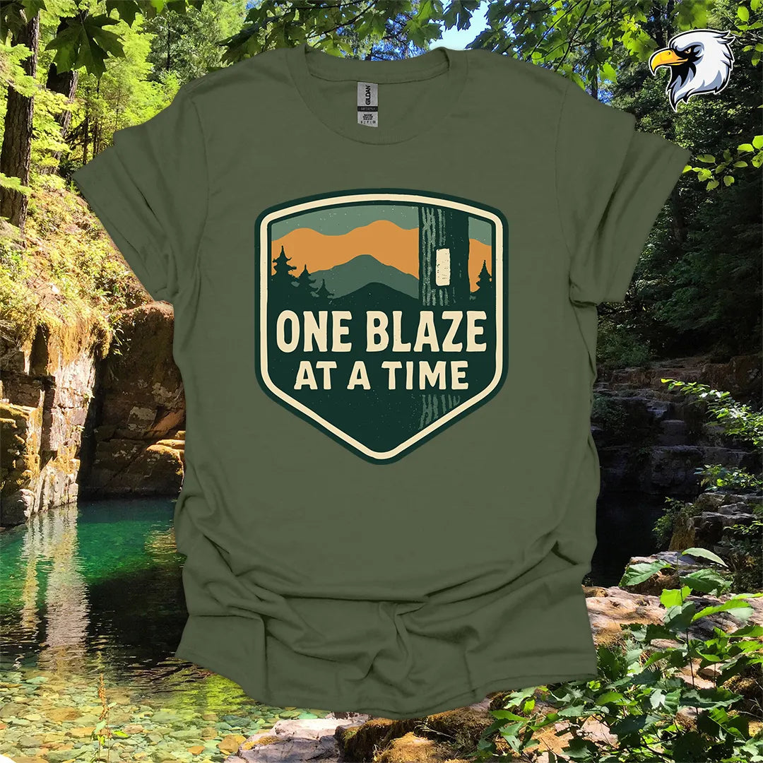 “One Blaze at a Time” Hiking T-Shirt – Mountain Badge Graphic