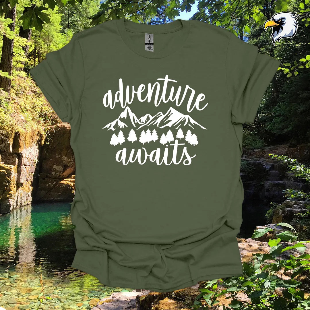 “Adventure Awaits” hiking t-shirt – Mountain & Forest Graphic