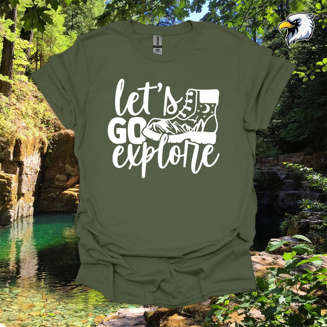 “Let’s Go Explore” hiking t-shirt – Boot and Mountain Graphic