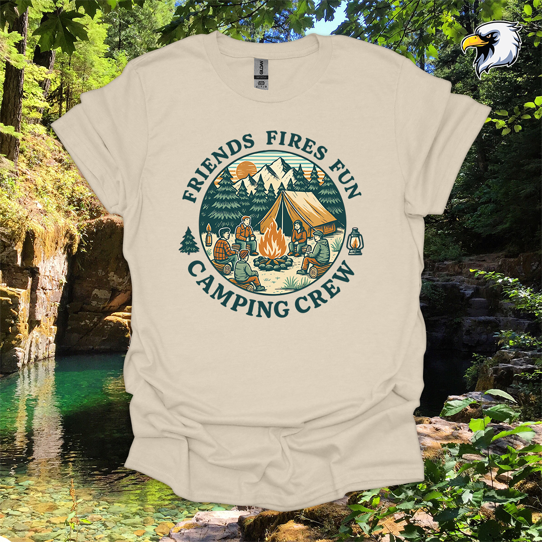 “Friends Fires Fun Camping Crew” hiking t-shirt – Vintage Campfire Graphic