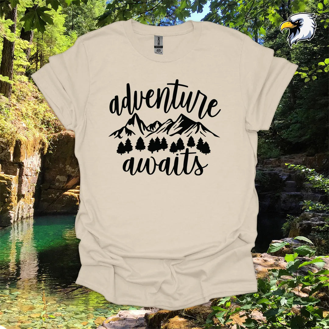 “Adventure Awaits” hiking t-shirt – Mountain & Forest Graphic