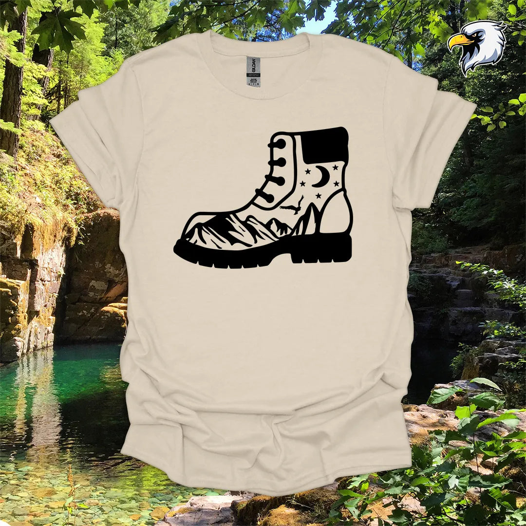 “Hiking Boots, Mountain Views” hiking t-shirt – Night Sky Graphic