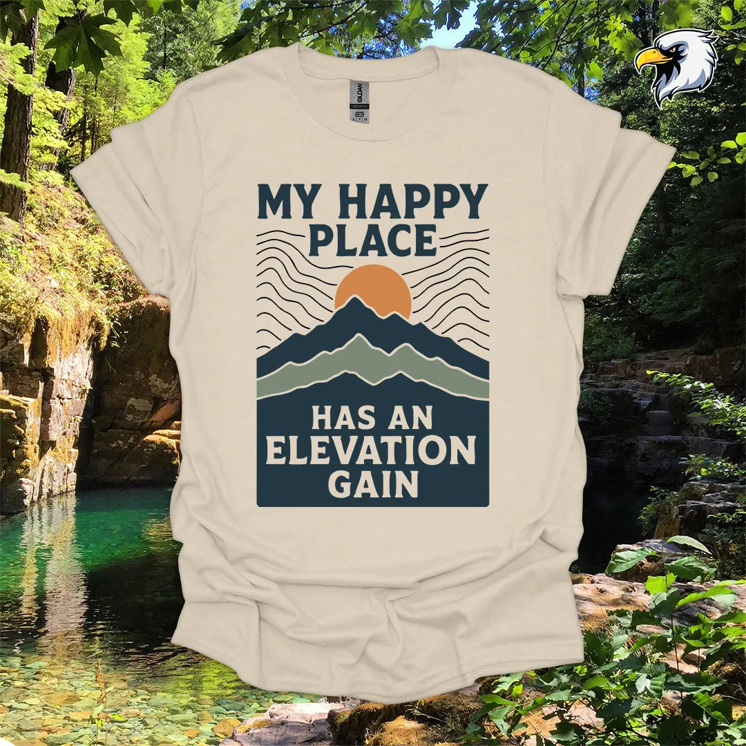 “My Happy Place Has an Elevation Gain” Hiking T-Shirt – Mountain Graphic