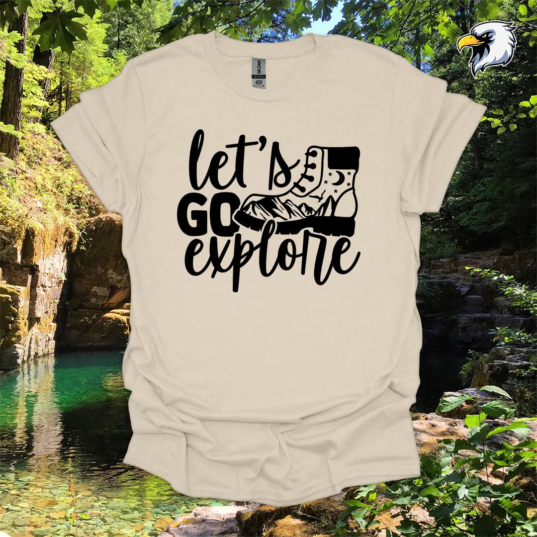 “Let’s Go Explore” hiking t-shirt – Boot and Mountain Graphic