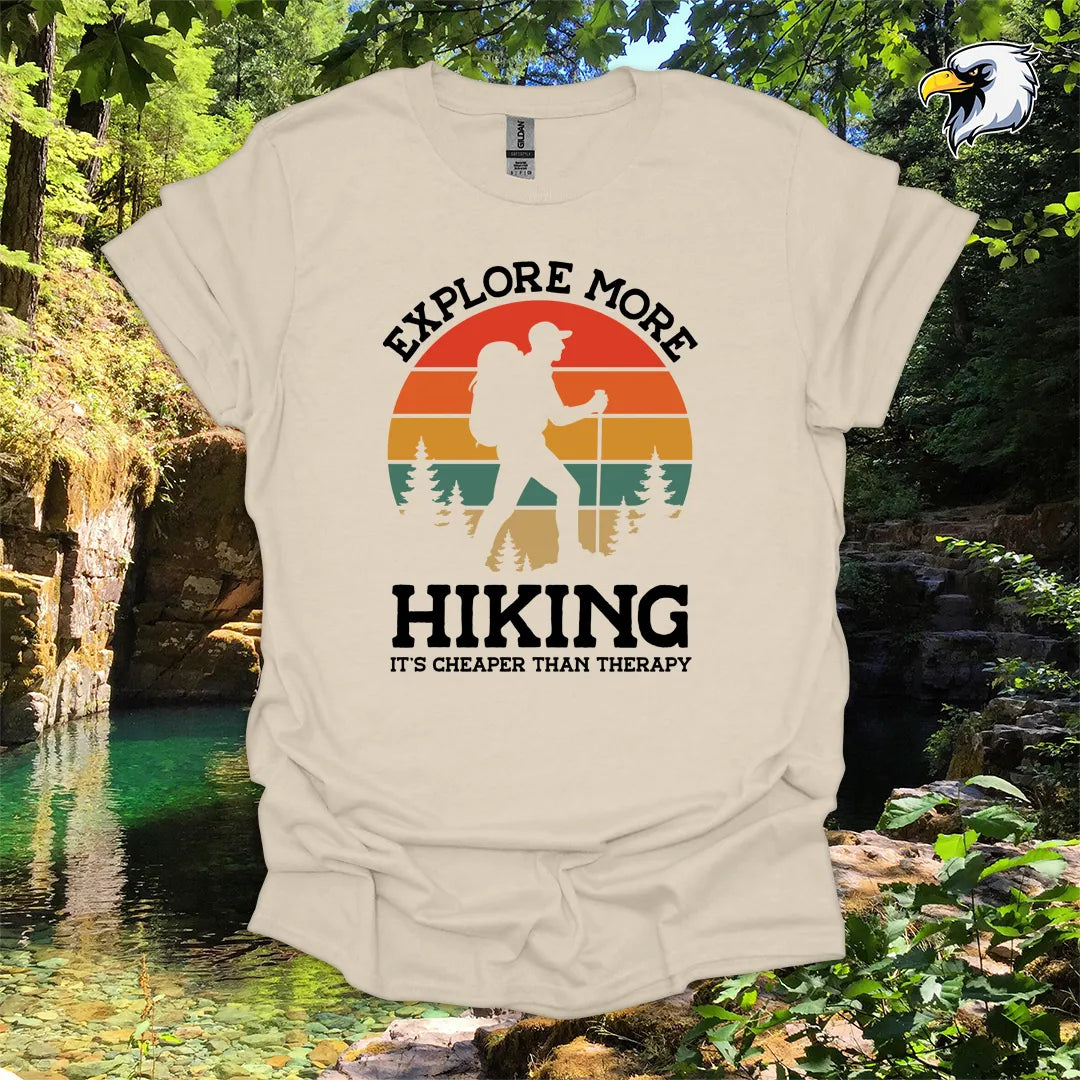 “Explore More Hiking, It’s Cheaper Than Therapy” men's hiking t-shirt – Retro Sunset Graphic