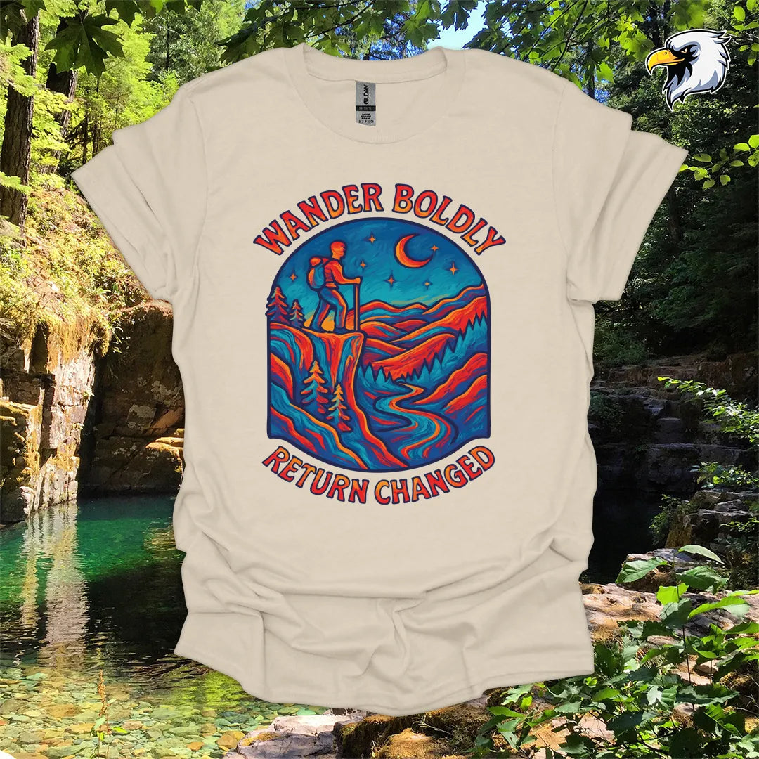 “Wander Boldly Return Changed” hiking t-shirt – Vibrant Mountain Graphic
