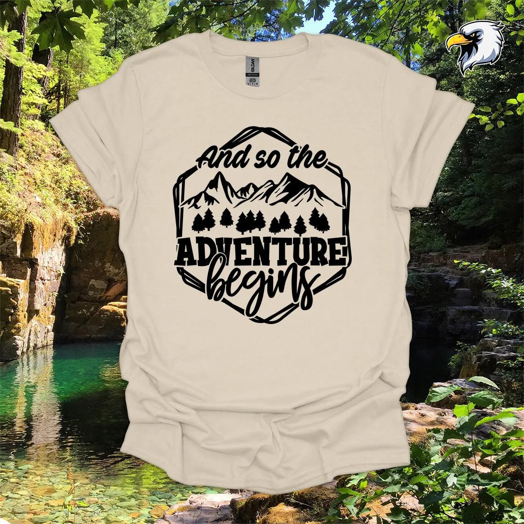 “And so the Adventure Begins” hiking t-shirt – Mountain Graphic