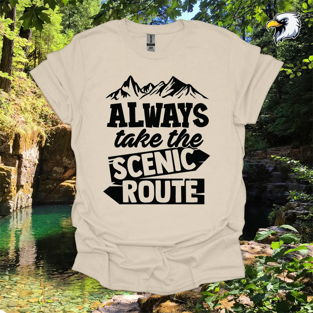 “Always Take the Scenic Route” hiking t-shirt – Mountain Graphic
