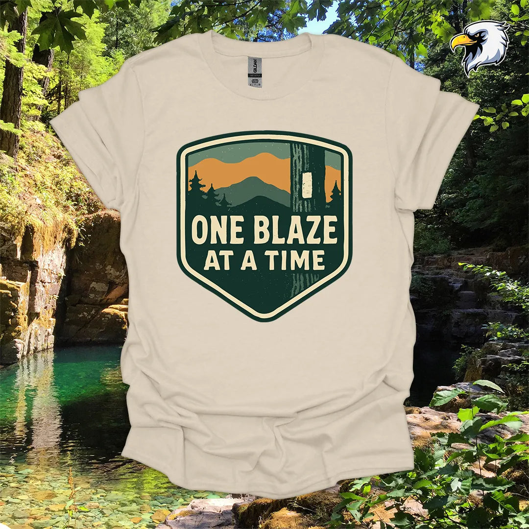 “One Blaze at a Time” Hiking T-Shirt – Mountain Badge Graphic