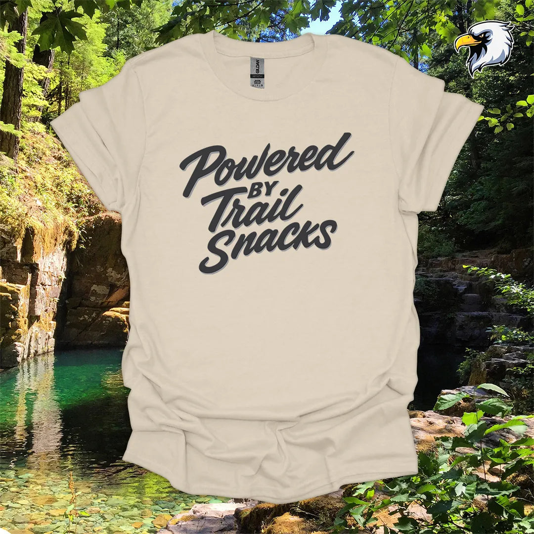 “Powered by Trail Snacks” Hiking T-Shirt – Bold Script Graphic
