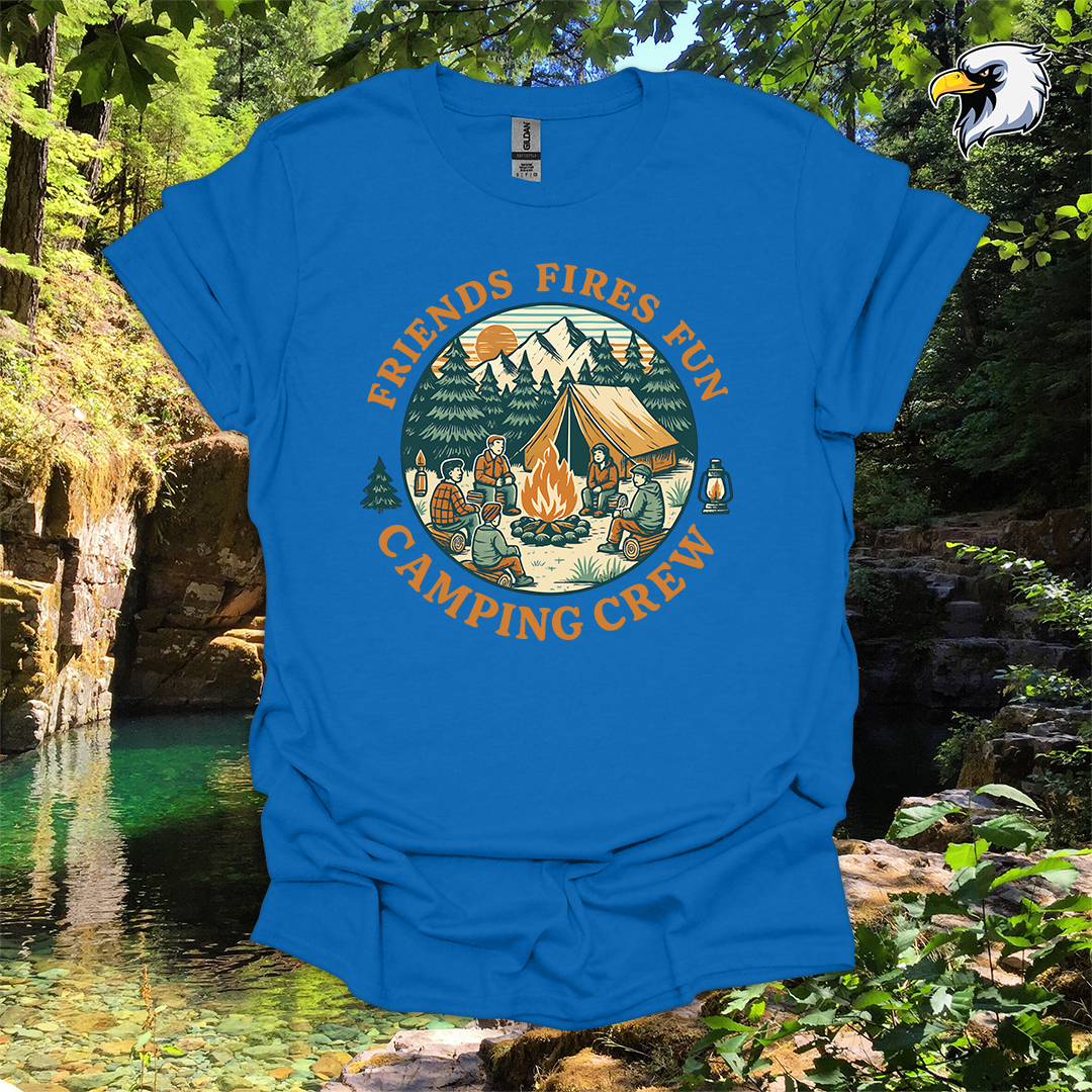 “Friends Fires Fun Camping Crew” hiking t-shirt – Vintage Campfire Graphic