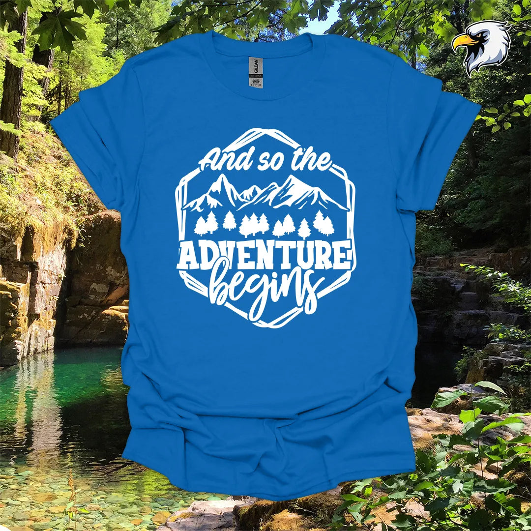 “And so the Adventure Begins” hiking t-shirt – Mountain Graphic