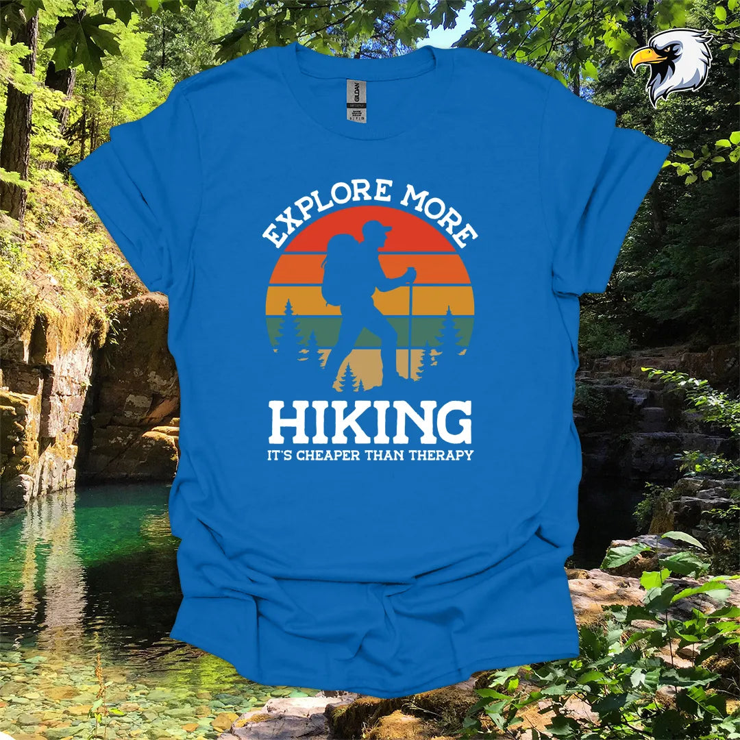 “Explore More Hiking, It’s Cheaper Than Therapy” men's hiking t-shirt – Retro Sunset Graphic