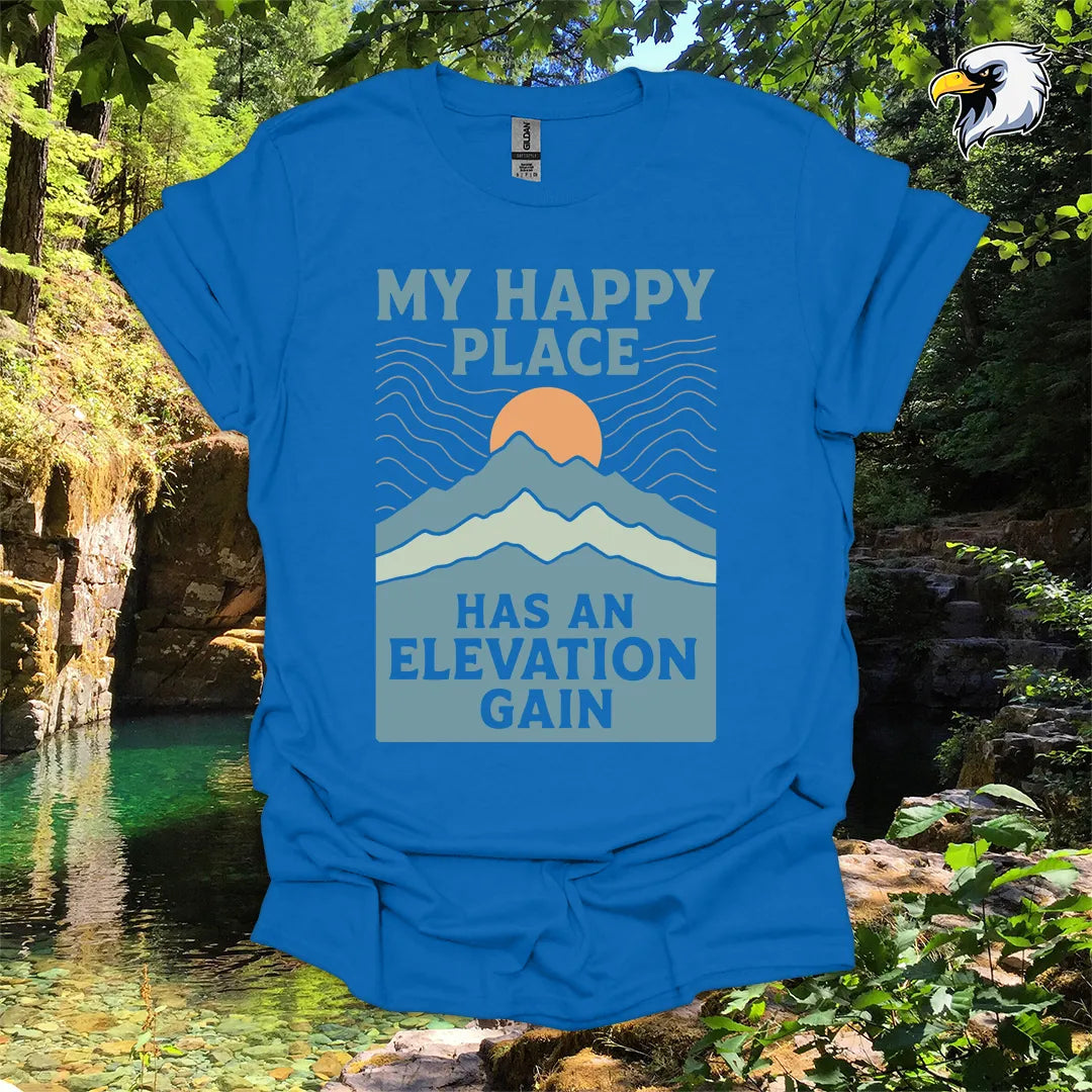 “My Happy Place Has an Elevation Gain” Hiking T-Shirt – Mountain Graphic
